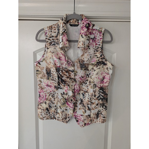 Samuel Dong Jackets & Blazers - Samuel Dong Womens Floral‎ Burnout Vest Pink Rosette Snap Front Italian Fabric